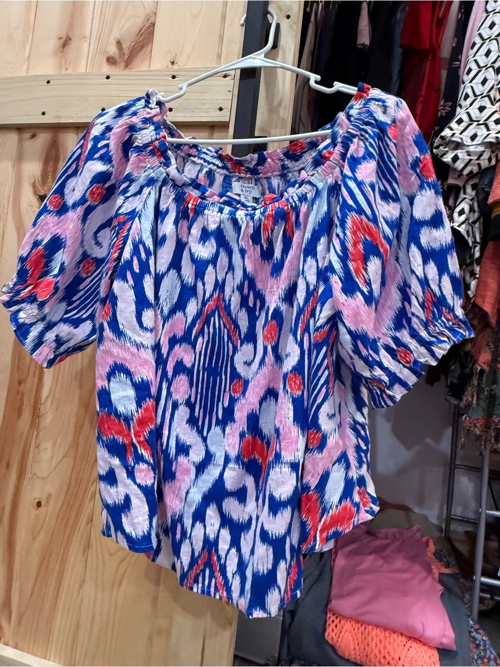 crown & ivy Off-Shoulder Ikat Blouse in Blue, Pink & Red